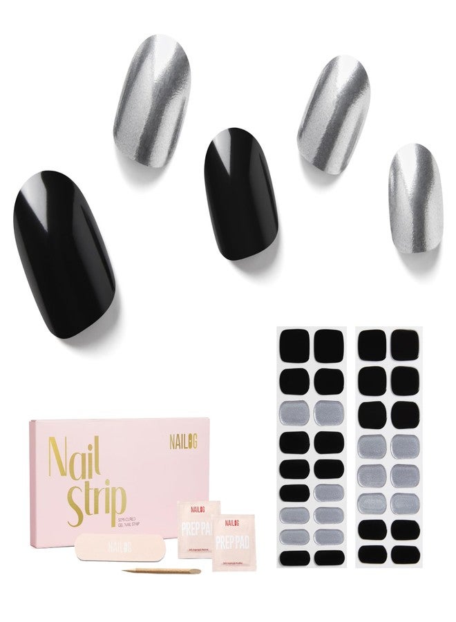 NAILOG Semi Cured Gel Nail Strips - NAILOG 34 Pcs Silver Black Nail Stickers Extra Long Wraps with Glossy Gel Finishing for Autumn Winter, Reckless - Image 1